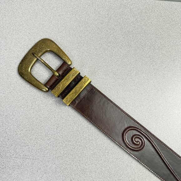 Jennifer Graham Leather Belt Womens Medium Brown Brass Buckle Embossed Boho 1.75 main image 6